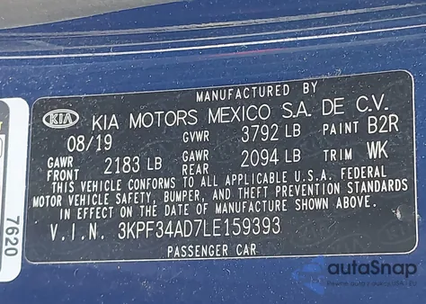 2020 Kia Forte Gt-Line из США, поврежденный, VIN 3KPF34AD7LE159393